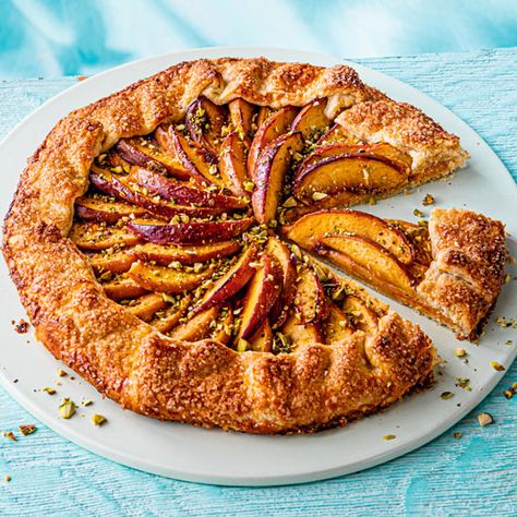 Nectarine, Honey and Pistachio Galette Recipe | Recipes from Ocado Nectarine Desserts, Nectarine Galette, Table Photography, Sweet Pies, Galette Recipe, Custard Powder, Sweet Pie, Garden Recipes, Meal Deal