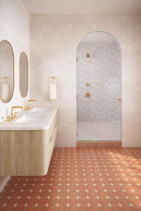 Bathroom design with terracotta tile floor, white tile wall, and stacked mosaic shower with brass fixtures. Ann Sacks Tiles, Serene Bathroom, Ann Sacks, Townhouse Designs, Bathroom Inspiration Decor, Style Tile, Laundry In Bathroom, Spring 2024, Bathroom Flooring