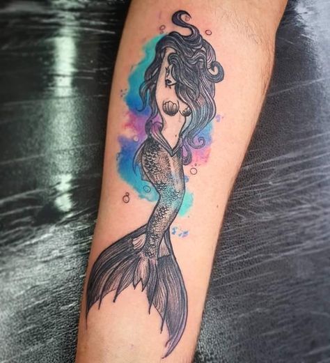 Color Mermaid Tattoo, Watercolor Mermaid Tattoo, Tattoo Thoughts, Tattoo Filler, Watercolor Mermaid, Mermaid Tattoo, Mermaid Tattoos, Dreamcatcher Tattoo, Watercolor Tattoo