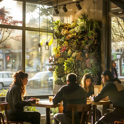 Cozy cafe gathering: #Friends enjoy #conversation at a cozy #cafe decorated with a vibrant #livingwall on a #sunnyday. #coffee #plants #artificialintelligence #photography #creativestock ⬇️ Download and 📝 Prompt 👉 https://stockcake.com/i/cozy-cafe-gathering_1156644_1112722 Cafe With Plants, Dark Cafe, Gathering Friends, Coffee Plants, Cafe Scene, Coffee Plant, Cozy Cafe, Vintage Texture, Living Wall