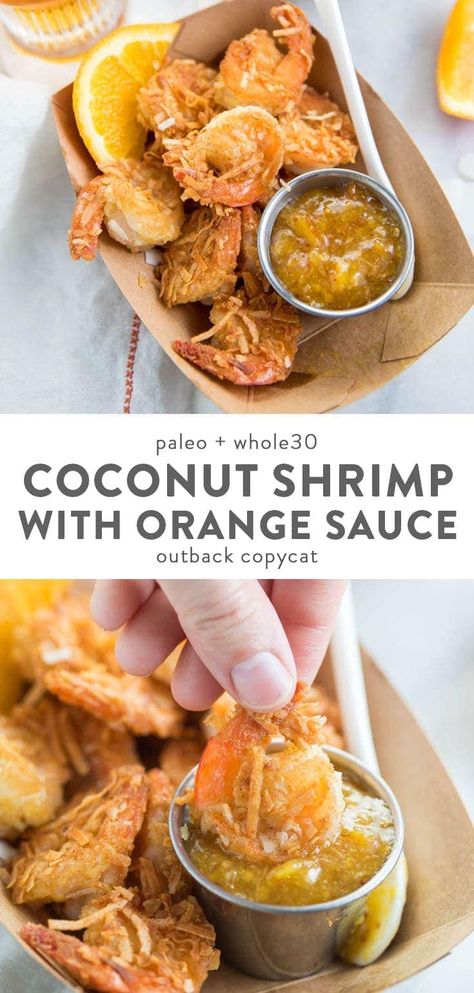 These Whole30 coconut shrimp with orange sauce are the best dang Whole30 coconut shrimp, I swear it. With a crispy, coconutty shell and a delicious orange sauce, these are a quick Whole30 dinner recipe and they'd work beautifully for company, too. Your friends would never guess they're Whole30 coconut shrimp! One of our very favorite quick Whole30 dinner recipes for sure. #whole30 #paleo #glutenfree #copycatrecipes #shrimp Paleo Coconut Shrimp, Healthy Coconut Shrimp, Seafood Sauce Recipe, Clean Dinner Recipes, Coconut Shrimp Recipes, Clean Dinners, Whole30 Dinner, Vegan Paleo Recipes, Whole30 Dinner Recipes