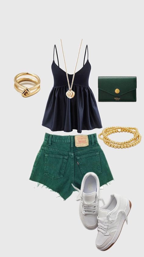 green levi shorts, summer outfit, casual, cute and stylish, new balance sneakers, gold jewelry, errand outfit, jean short outfit, flowy tank top Errand Outfit, Shorts Summer Outfit, Outfit Jean, Errands Outfit, Jean Short Outfits, Balance Sneakers, Jean Short, Day Time, New Balance Sneakers