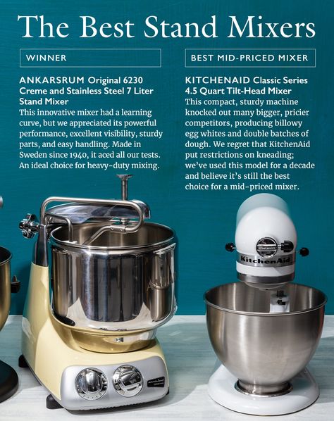 Recently, KitchenAid has advised owners of all of its stand mixers not to exceed speed 2 when kneading dough with the dough hook, not to knead for more than 2 minutes at a time, and that the total mixing and kneading time should not exceed 4 to 6 minutes. If you plan to knead lots of bread and pizza dough, consider the Ankarsrum; it sets no such limits. Best Stand Mixer, Dough Mixer, Stand Mixers, Kitchenaid Artisan, Kneading Dough, Industrial Engineering, Cooks Illustrated, America's Test Kitchen, Americas Test Kitchen