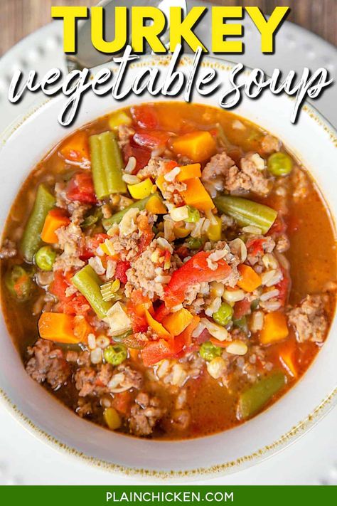 Turkey Vegetable Soup Vegetable Soup Seasoning, Corn Rotel, Vegetable Soup Crock Pot, Veg Soup Recipes, Turkey Vegetable Soup, Veggie Soup Recipes, Vegetable Noodle Soup, Chicken Veggie Soup, Vegan Vegetable Soup