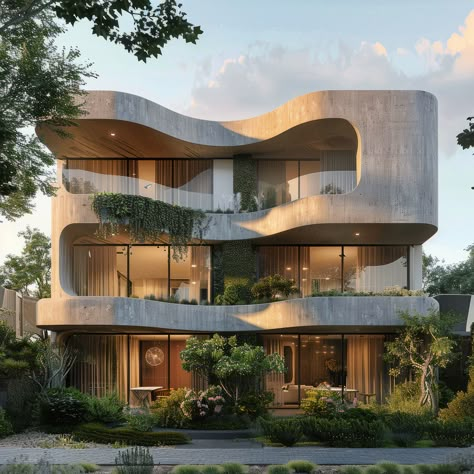 Curved Facade Architecture, Curved Building Facade, Organic Exterior, Home Front Elevation, Villa Concept, Villa Designs, Elevation Ideas, Modern Facade, Home Elevation