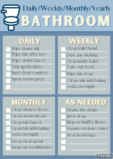 These 10 Printable Bathroom Cleaning Guides Will Help Get Your Restroom Sparkling Clean | Parade: Entertainment, Recipes, Health, Life, Holidays Bathroom Checklist, Bathroom Cleaning Checklist, Baking Organization, Bathroom Cleaning Tips, Clean Shower Doors, Deep Clean Bathroom, Cleaning Checklists, Cleaning Checklist Printable, Weekly Cleaning Checklist