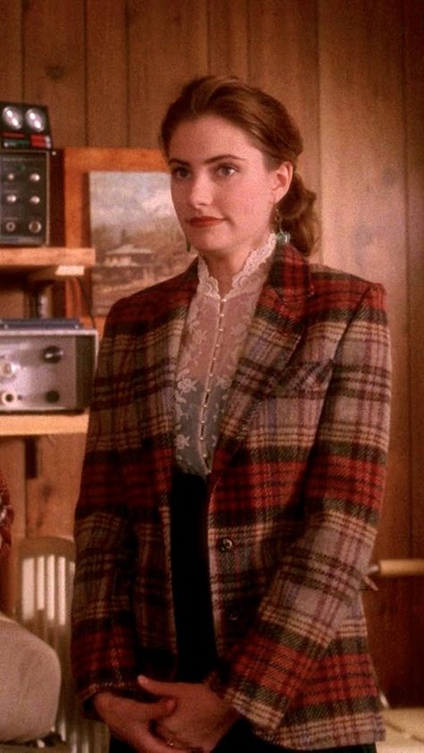 Shelly Twin Peaks, Cinema Outfit, Twin Peaks Fashion, Sheer White Shirt, Twin Peaks Inspired, Luanna Perez, Laura Palmer, Check Jacket, Lawyer Outfit