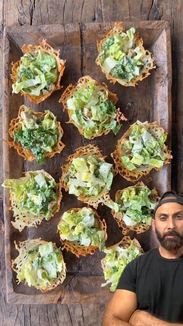 Food for your thoughts on Instagram: "CHEESY CAESAR SALAD CUPS! 🧀  🎥: @justataste  How do you improve upon the iconic Caesar salad? Swap the serving bowl for a crispy cheese cup made with @crackerbarrelcheese!  This easy, cheesy upgrade stars Cracker Barrel Vermont Sharp White Cheddar that’s finely shredded, piled into mounds, and baked at 350°F until melted and golden brown around the edges. All that’s left to do is drape the melted cheese onto an inverted muffin pan and let it crisp up.  The rich, bold flavor of Cracker Barrel Cheese is the perfect way to elevate any recipe. This easy but impressive hack allows you to create the ultimate edible serving vessel for salads, dips, charcuterie and more.  #crackerbarrelcheese #caesar #caesarsalad #cheeselove #cheddarcheese #appetizerideas #e Caesar Salad Appetizer, Caesar Salad Cups, Salad Bites, Salad Cups, Tortilla Cups, Crispy Cheese, Cheese Crisps, Party Starters, Easy Cheesy