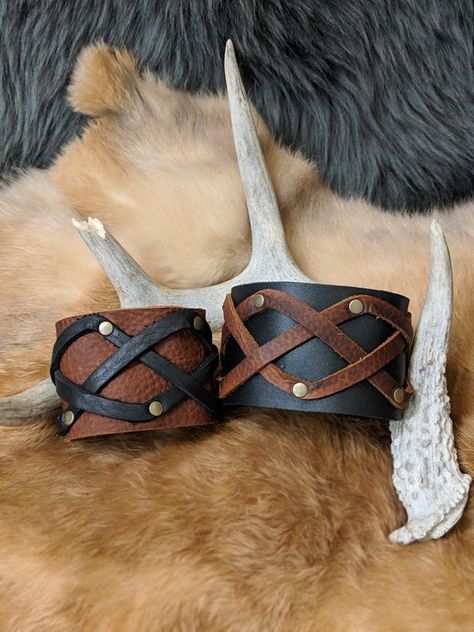 Woven Leather Cuff Bracelet Stick Barrettes, Leather Cuff Bracelet Diy, Fantasy Couture, Cuff Bracelets Diy, Cuffs Diy, Leather Choker Collars, Leather Wrist Cuff, Random Products, Arm Accessories