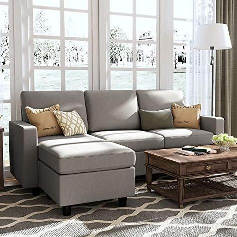 HONBAY Convertible Sectional Sofa, L Shaped Couch with Linen Fabric, Reversible Couch for Small Space, Light Grey Small Apartment Couch, Pretty Apartments, Comfortable Sectional Sofa, Sofa Convertible, Cheap Couch, Faux Leather Sectional, Couches For Small Spaces, Sofas For Small Spaces, L Shaped Couch