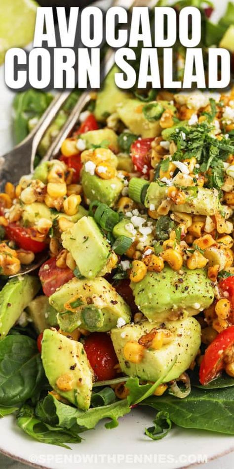 Avocado Corn Salad Avacodo Tomato Cucumber Salad, Avacodo Salad, Avocado Corn Salad, Lunch Dishes, Corn Avocado Salad, Recipes Salads, Avocado Tomato Salad, Cucumber Avocado, Feta Recipes