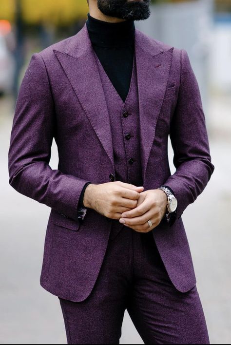 Purple suits for men wedding ideas are numerous. You can make it into a peak lapel suit with a vest, turning it into a stunning three piece suit. The finishing touches could be either a black turtleneck or a white dress shirt! . . Giorgenti, Custom Suit, Bespoke Tailer, Long Island, NYC, New York Men’s Purple Suit, Wedding Suits Men Purple, Plum Suit Men, Black And Purple Suits For Men, Purple Suit Men Wedding, Purple Suits For Men Wedding Ideas, Dark Purple Suits For Men, Purple Suit Men, Black And Purple Suit