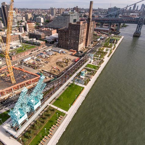 Domino Park designed by James Corner Field Operations opens in New York | #landscapearchitecture #park #newyork #jamescorner #new #development Domino Park, Sugar Factory, Linear Park, Urban Landscape Design, Sustainable City, Nyc Park, Park In New York, Two Trees, Manhattan Skyline