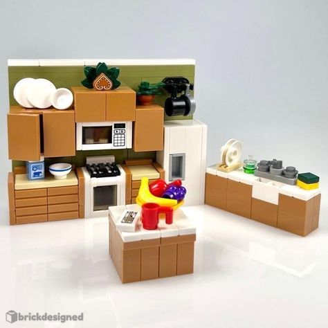 Lego Kitchen Moc, Lego Oven, Lego Kitchen Ideas, Lego Furniture Ideas, Lego Interior Design, Lego Kitchen, 90s Kitchen, Lego House Ideas, Bowl Of Fruit