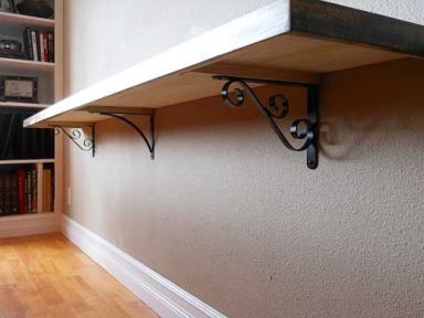 Mounted Sofa Table. What a great idea for behind the couch in the family room! Shelf As Table, Sofa Shelf, Narrow Sofa Table, Diy Shelf, Floating Bookshelf, Recycle Bin, Long Sofa, Diy Sofa Table, Tv Mount