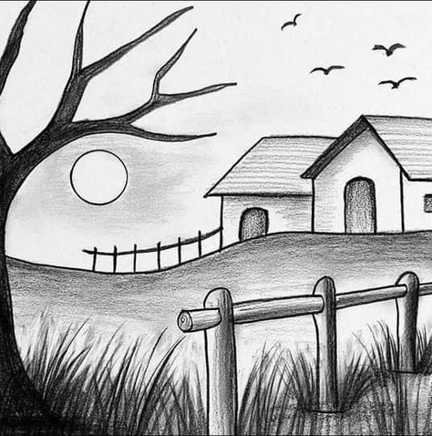 Easy Pencil Landscape Drawings, Pencil Shading Drawings Easy Landscape, Natural Sketches Pencil, Pencil Shading Scenery Easy, Landscape Ideas Drawing Easy, Drawing Landscapes Easy, Easy Landscape Ideas Drawing, Easy Drawings For School, Simple Background Drawing