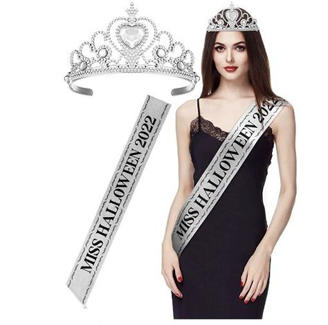 Halloween Sash, Nun Halloween Costume, Miss Halloween, Queen Sash, Black Dress Halloween Costume, Snow White Halloween Costume, Stylish Halloween Costumes, Halloween Crown, Greek Goddess Costume