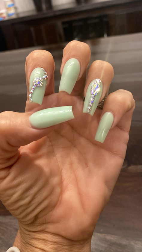 Love these gorgeous milky green coffin nails with rhinestones. 💚 Sage Green Rhinestone Nails, Milky Green Nails, Green Nails With Rhinestones, Green Coffin Nails, Nails With Rhinestones, Prom Inspo, Green Nail Designs, Nails For Kids, Crystal Nails