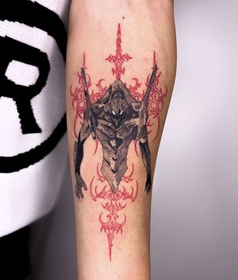 Anime Shin Tattoo, Neon Genius Evangelion Tattoo, Neon Genesis Tattoo, Evangelion Tattoo Ideas, Persona Tattoo, Lain Tattoo, Neon Genesis Evangelion Tattoo, Eva Tattoo, Shen Long Tattoo