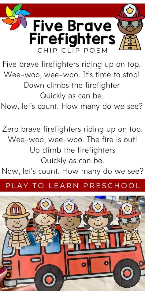 Children love learning how community helpers serve and protect their community every day, so this firefighter poem is perfect. Not only do they learn about community helpers, but they practice math concepts such as addition, subtraction, counting, and numbers. #preschoolactivity #mathconcepts #communityhelpers Songs About Community Helpers Preschool, Learning About Firefighters, Firefighter Songs For Preschool, Community Helpers Preschool Circle Time, Firefighter Community Helper Activities, Community Helpers Preschool Songs, Five Little Firefighters, Community Helpers Preschool Activities Crafts, Firefighter Math Activities Preschool