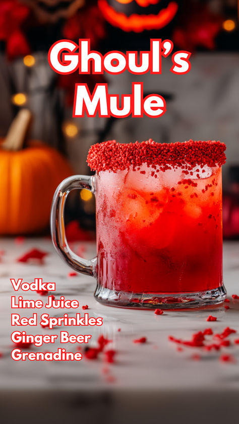 Ghoul’s Mule Blood Red Cocktails, Drink Content Ideas, Fun Halloween Drinks Alcohol, Red Cocktail Drinks, Halloween Beverages, Grenadine Cocktail, Fun Halloween Drinks, Spooky Cocktails, Cocktail Cards