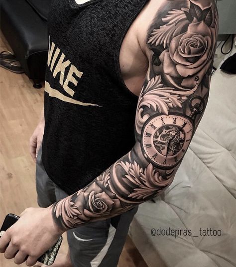 Flower Tattoo Sleeve Men, Clock Tattoo Sleeve, Filigree Tattoo, Tattoo Wrist, Tato Lengan, Marvel Tattoos, Forearm Sleeve Tattoos, Half Sleeve Tattoos For Guys, Cat Tattoos