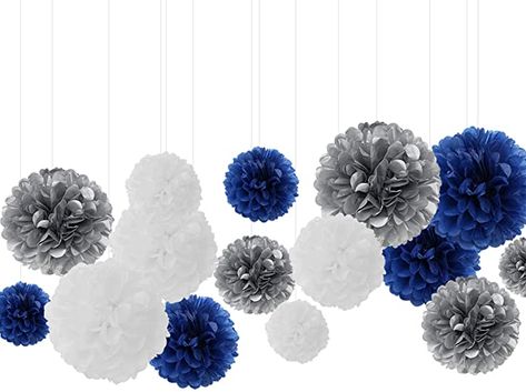 Blue Baby Shower Decorations, Silver Party Decorations, Blue Party Decorations, Birthday Decorations For Men, Pom Pom Decorations, Tissue Pom Poms, Party Photo Backdrop, Tissue Paper Pom Poms, Paper Pom Poms