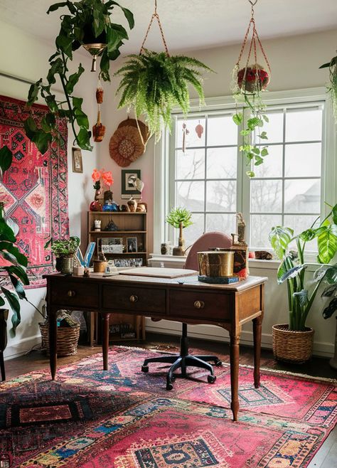 Eclectic Study Room, Bohemian Office Lamp, Small Bohemian Desk, Bohemian Home Office Wallpaper, Bohemian Corner Desk, Teen Desk Area Bohemian, Bohemian Home Office Ideas, Eclectic Office, Bohemian Office Space