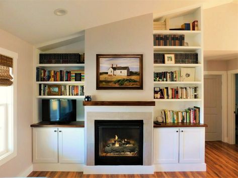 Shelves Around Fireplace, Bookshelves Around Fireplace, Built In Around Fireplace, Floor To Ceiling Bookshelves, Fireplace Bookshelves, Built In Entertainment Center, Built In Shelves Living Room, Living Room Built Ins, Slanted Ceiling