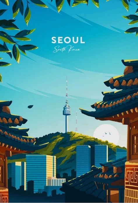 Seoul Illustration City, City Posters Aesthetic, Korea Illustration Art, Seoul Postcard, Seoul Illustration, Korea Illustration, Seoul Poster, Korea Poster, Korean Poster