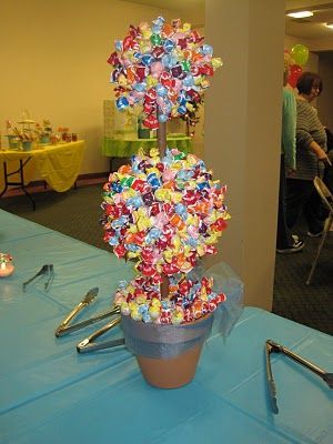 I made two of these candy topiaries using a foam form and mini lolipops. Just cut them off and stuck them in the foam. Then put in a pot and tied ribbon around them. So cute. We used them as the centerpieces on the serving tables. Candy Topiary, Liquor Bouquet, Lollipop Tree, Modern Baby Shower, Baby Shower Cupcakes, Candy Bouquet, Baby Shower Centerpieces, Girl Baby Shower, Shower Gifts