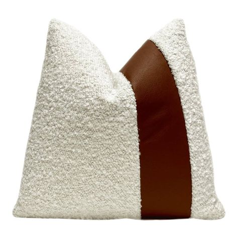 Add texture and style to your space with this beautiful double sided off-white boucle and hazelnut brown faux leather pillow. This high end pillow cover is made of a rich thick boucle fabric and the softest vegan leather. This pillow will add texture and a touch of warmth to your home. All pillow covers are slightly tapered at the corners to prevent doggy pointy ears. When stuffed, the pillow will have a perfect square shape. Made in the USA.  Fabric: Boucle & Faux Leather Stuffing: 95/5 Feather Down Insert Care: Dry Clean Closure: Nylon zipper closure  Made to order  Will ship within 5 business days Accent Pillows Living Room, Leather Throw Pillow, Faux Leather Pillow, Green Velvet Pillow, Leather Throw Pillows, Felt Pillow, Suede Pillows, Pointy Ears, Chenille Pillow