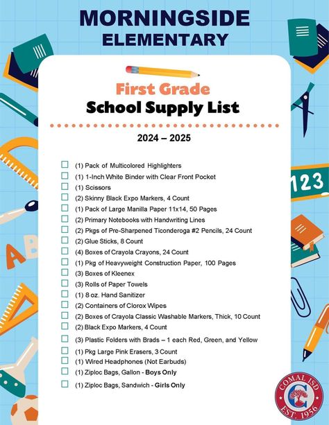 Morningside Elementary – School Supply Lists – Comal Independent School District School Supply Box, Elementary School Supplies, School Supplies Elementary, Parent Handbook, Response To Intervention, Handwriting Lines, Pta School, Expo Marker, School Health