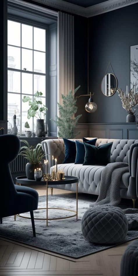 Living Room Designs Modern Luxury Grey And Blue, Blue Living Room Luxury, Classic Moody Living Room, Moody Dark Room, Light Moody Interior Design, Scandinavian Classic Interior, Living Room Ideas Dark Blue, Moody Glam Decor, Blue Lounge Room Decor