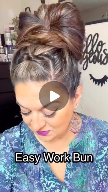 Easy Updos For Medium To Long Hair, Hair Bun Hacks Videos, Work Hair Dos Easy, Diy Hair Bun Easy, Cute Work Buns, Easy Buns For Work, Easy Bun For Work, Work Bun Hairstyles Simple, How To Make A Hair Bun Tutorials