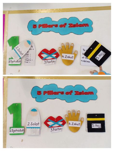 5 pillars of Islam by teacher mun Five Pillars Of Islam Project, 5 Pillars Of Islam For Kids, Ramadhan Craft, 5 Pillars Of Islam, Preschool Classroom Themes, Class Door Decorations, Cardboard Crafts Kids, Muslim Kids Activities, 5 Pillars