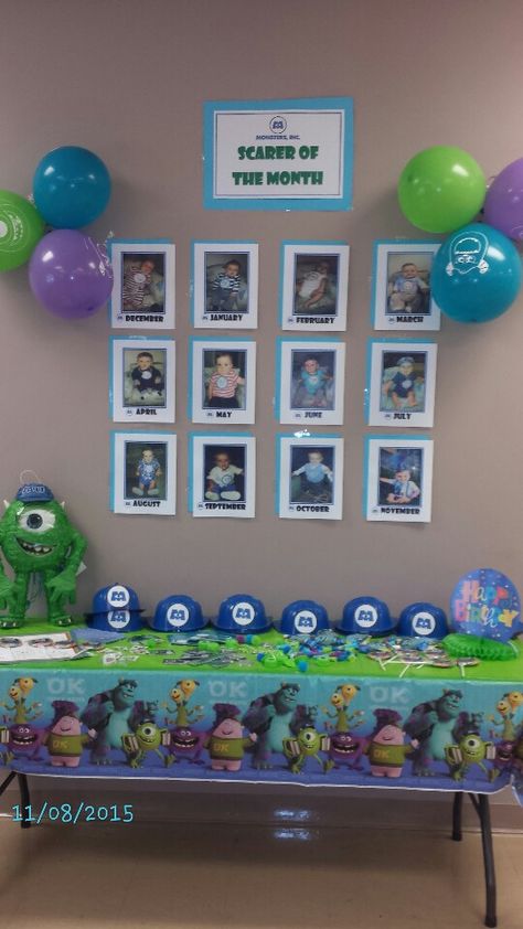 Monster University Centerpieces, Monsters Inc Scarer Of The Month, Scarer Of The Month Monster Inc, Monsters Ink 1st Birthday, Scared Of The Month Monsters Inc, Monsters Ink First Birthday, Monsters Inc Birthday Party Decorations, Monsters Inc Girl Birthday Party Ideas, Monsters Inc 1st Birthday Boy