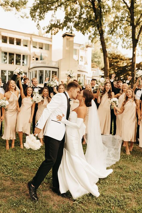 Bride And Groom Both In White, Timeless Wedding Bridal Party, Groom And Bride In White, Classic Wedding Bridal Party, White And Gold Bridal Party, Bride And Groom Wearing White, Black Tuxedo Wedding Party, Champagne And Black Wedding Party, Champagne Tuxedo Wedding