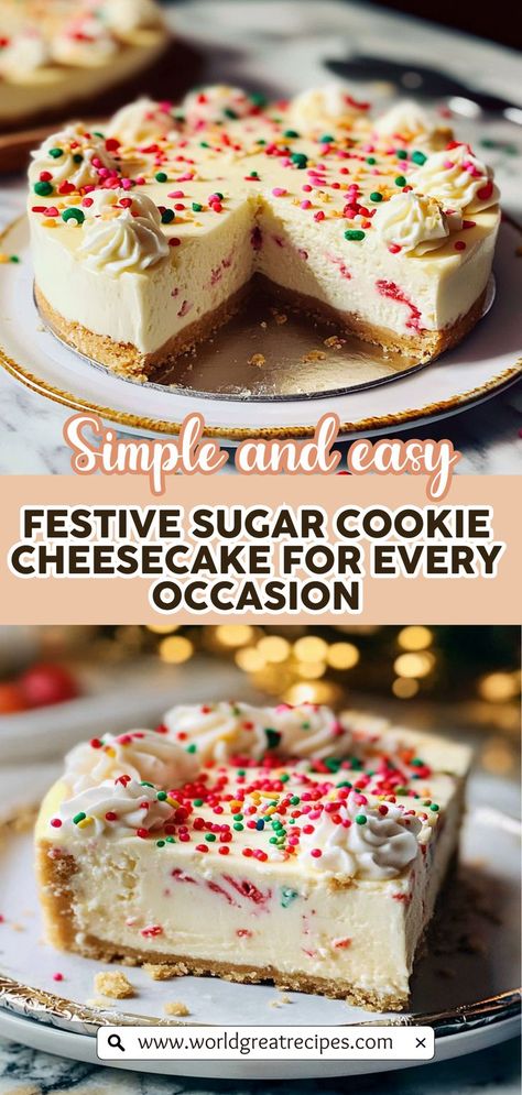 Satisfy your sweet tooth with this quick and easy no-bake Sugar Cookie Cheesecake recipe. Perfect for those who want a delicious dessert without the hassle of baking, this creamy cheesecake is set on a delightful sugar cookie crust that melts in your mouth. Ideal for last-minute gatherings or a simple family treat, this no-bake option ensures that you can whip up a stunning dessert in no time. Get ready to impress your guests with this decadent, hassle-free dessert! Cheesecake Desserts Easy No Bake, Sugar Cookie No Bake Cheesecake, Low Sugar Cheesecake Recipes, No Bake Sugar Cookie Cheesecake, Sugar Cookie Crust Cheesecake, Sugar Cookie Cheesecake Recipe, No Bake Cheesecake Flavors, Cookie Cheesecake Recipes, Easy Cheesecake No Bake