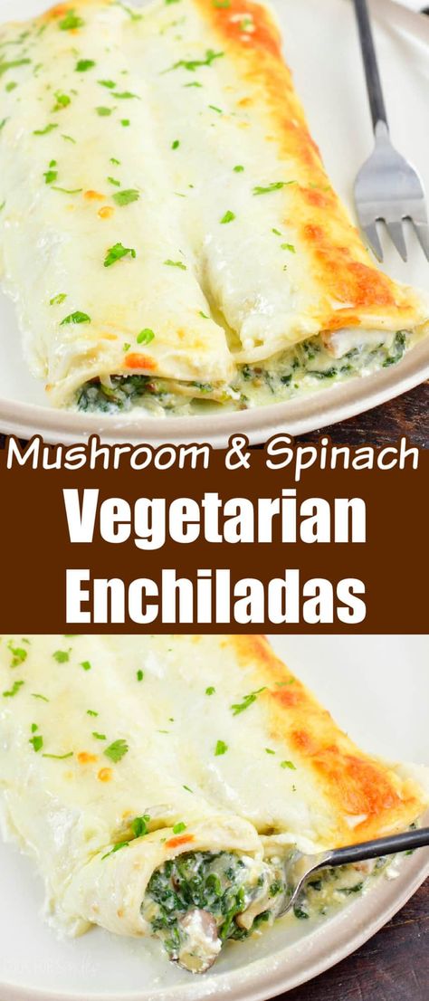 Creamy Enchiladas, Mushroom Enchiladas, White Sauce Enchiladas, Creamy Enchilada, Vegetable Enchiladas, Veggie Enchiladas, Meals Without Meat, Spinach And Mushroom, Cheese All