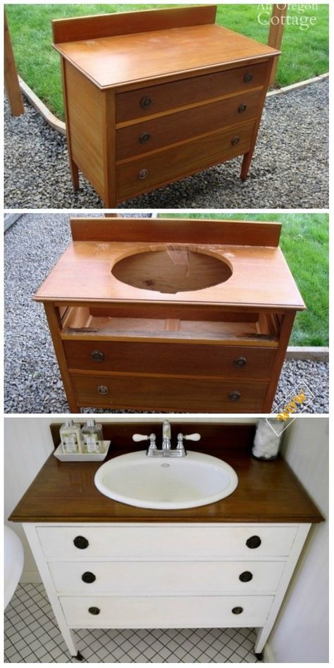 Upcycled Furniture Bathroom Vanity, Old Dresser For Bathroom Vanity, Vanity Out Of Dresser, Convert Dresser To Bathroom Vanity, Bathroom Vanity Dresser Diy, Upcycled Bathroom Vanity Ideas, Diy Vanity Bathroom, Old Dresser Makeover, Dresser Makeover Ideas