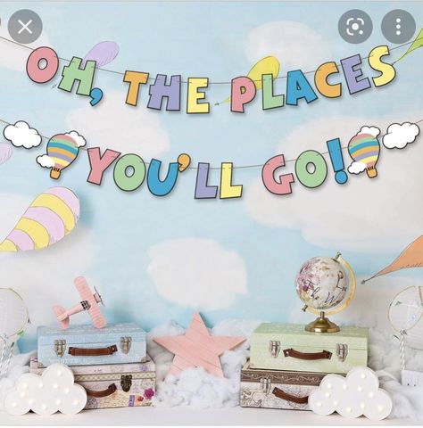 Dr Seuss Baby Shower Decorations, Travel Themed Baby Shower, The Places Youll Go, Balloon Cloud, Kindergarten Graduation Party, Angel Baby Shower, Bebe Shower, Travel Baby Shower Theme, Dr Seuss Birthday Party