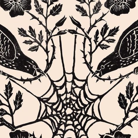 Kelly Louise Judd on Instagram: "Tangle Rose block print 🕸️ . . . . . . . . . . #art #printmaking #illustration #linocut #blockprint #spiderweb #birds #rosevines #rosegarden #gardenmagic #kellylouisejudd" Gothic Linocut, Lino Inspiration, Printmaking Illustration, Tattoos Man, Block Print Art, 2023 Moodboard, Art Printmaking, Lino Art, Fairy Goth