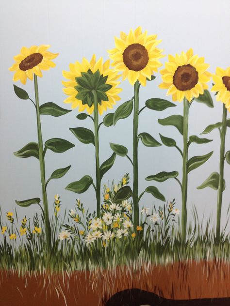 sunflowers Sunflower Mural, Painted Garden Sheds, School Interiors, Kindergarten Drawing, Fence Painting, Painted Shed, Garden Mural, Sunflower Wall Art, Nursery Mural