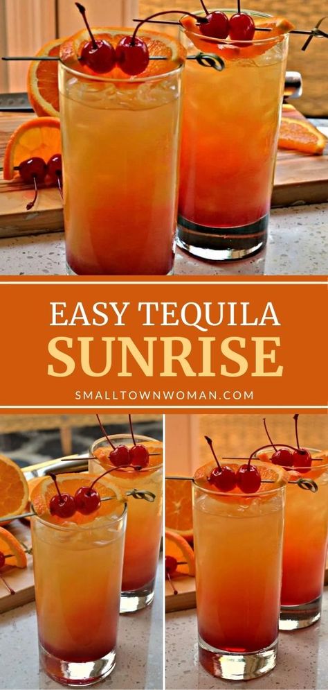 A festive Tequila cocktail with just 3 ingredients ready in 3 minutes! Tequila Sunrise is a tasty and refreshing summer drink that is so easy to make.  Impress your family and friends with this beautiful beverage! Easy Refreshing Drinks, Tequila Sunrise Drink, Tequilla Sunrise, Tequila Sunrise Cocktail, Sunrise Cocktail, Summer Barbeque, Tequila Cocktail, Seasonal Drinks, Beverage Recipes