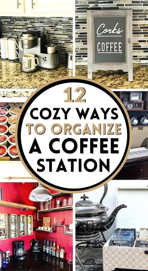 12 Cozy Ways to Organize Your Kitchen Coffee Station • Organizenvy Coffee And Tea Station Countertop, Small Space Coffee Bar, Kitchen Counter Coffee Station, Coffee Bar Furniture, Coffee Station Ideas Countertop, Organized Coffee Station, Coffee And Tea Bar, Kitchen Coffee Station, Modern Homemaking