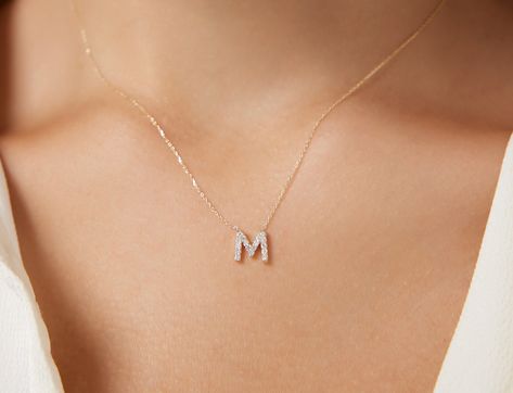 Letter M Necklace, Gold Initial Pendant, M Necklace, Dainty Initial Necklace, All Letters, Diamond Initial Necklace, Solid Gold Necklace, Gold Rings Fashion, Rings Fashion