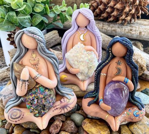 Diy Clay Goddess Statue, Crystal Gardens, Crystal Terrarium, Clay Goddess, Celestial Goddess, Spirit Doll, Polymer Clay Fairy, Forest Witch, Feb 25