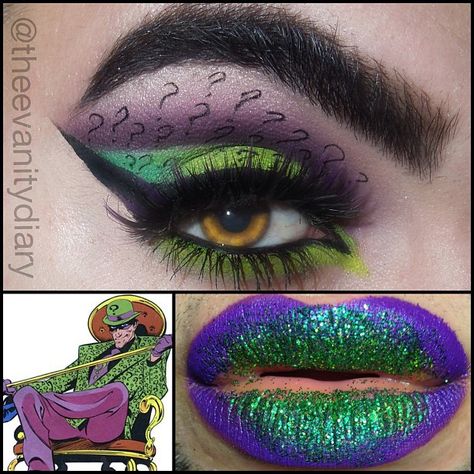 The Riddler Eyes Riddler Makeup, Riddler Halloween, Riddler Costume, Comic Book Costumes, Eyes Halloween, Joker Makeup, The Riddler, Green Eyeshadow, Halloween Make Up