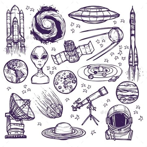 Space Sketch Set by macrovector | GraphicRiver Rod Pocket Curtain Panels, Room Darkening, Curtain Panels, Rod Pocket, Outer Space, Astronomy, East Urban Home, Sketch